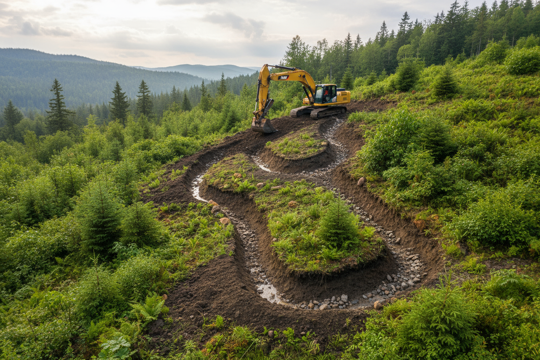 Excavatrice en train de créer un chemin en terrain montagneux, au milieu d’une forêt dense, illustrant des travaux d’excavation en zone naturelle.