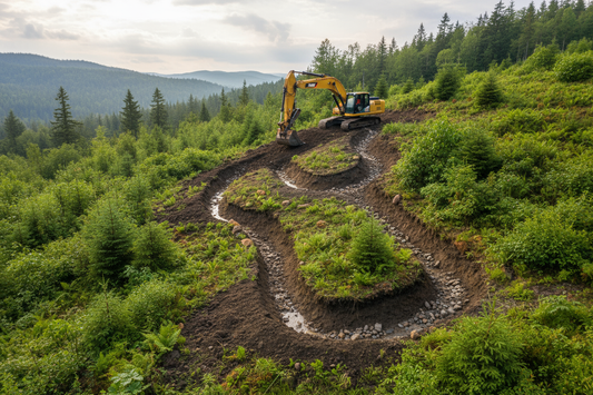 Excavatrice en train de créer un chemin en terrain montagneux, au milieu d’une forêt dense, illustrant des travaux d’excavation en zone naturelle.